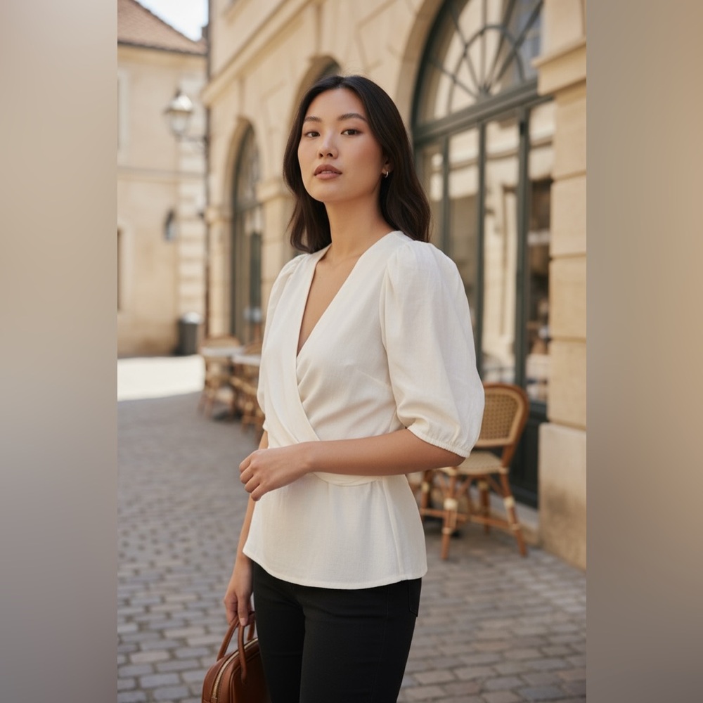 Parker White Wrap Peplum Blouse 3/4 Sleeve